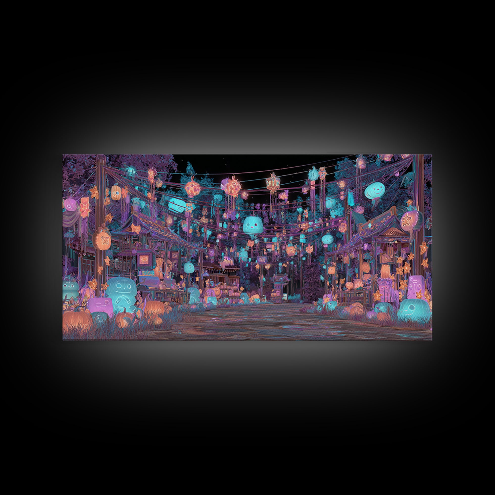 The Festival Of The Little Old Ones, Cute Eldritch Neon Art, Wide Panoramic Art, Canvas Print, Retro Halloween Decor, Neon Wall Art