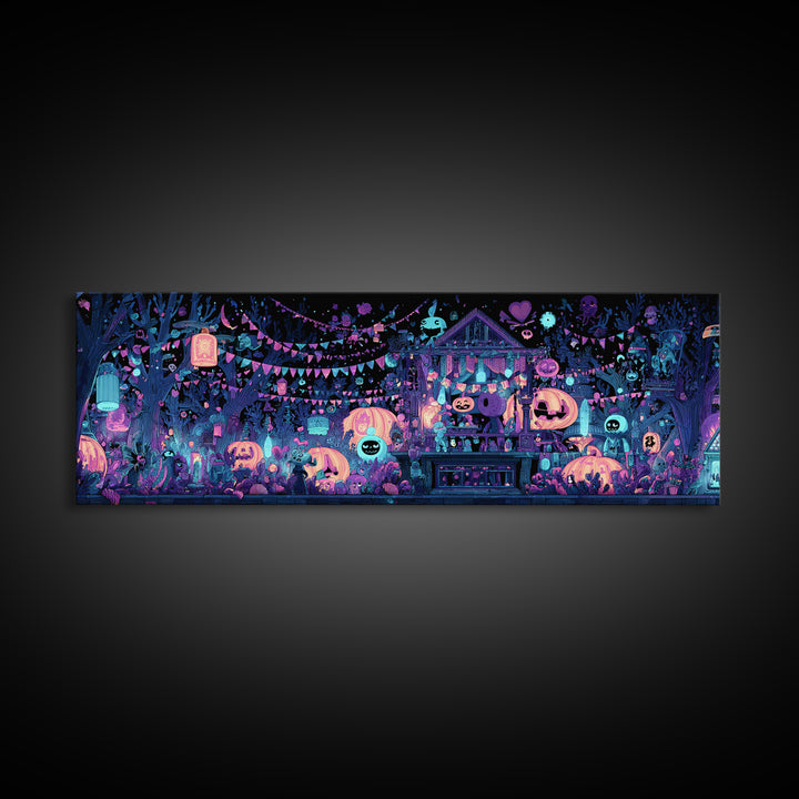 The Festival Of The Little Old Ones, Vaporwave Halloween Decor, Extra Wide Wall Art, Framed Canvas Print, Retro Halloween Decor