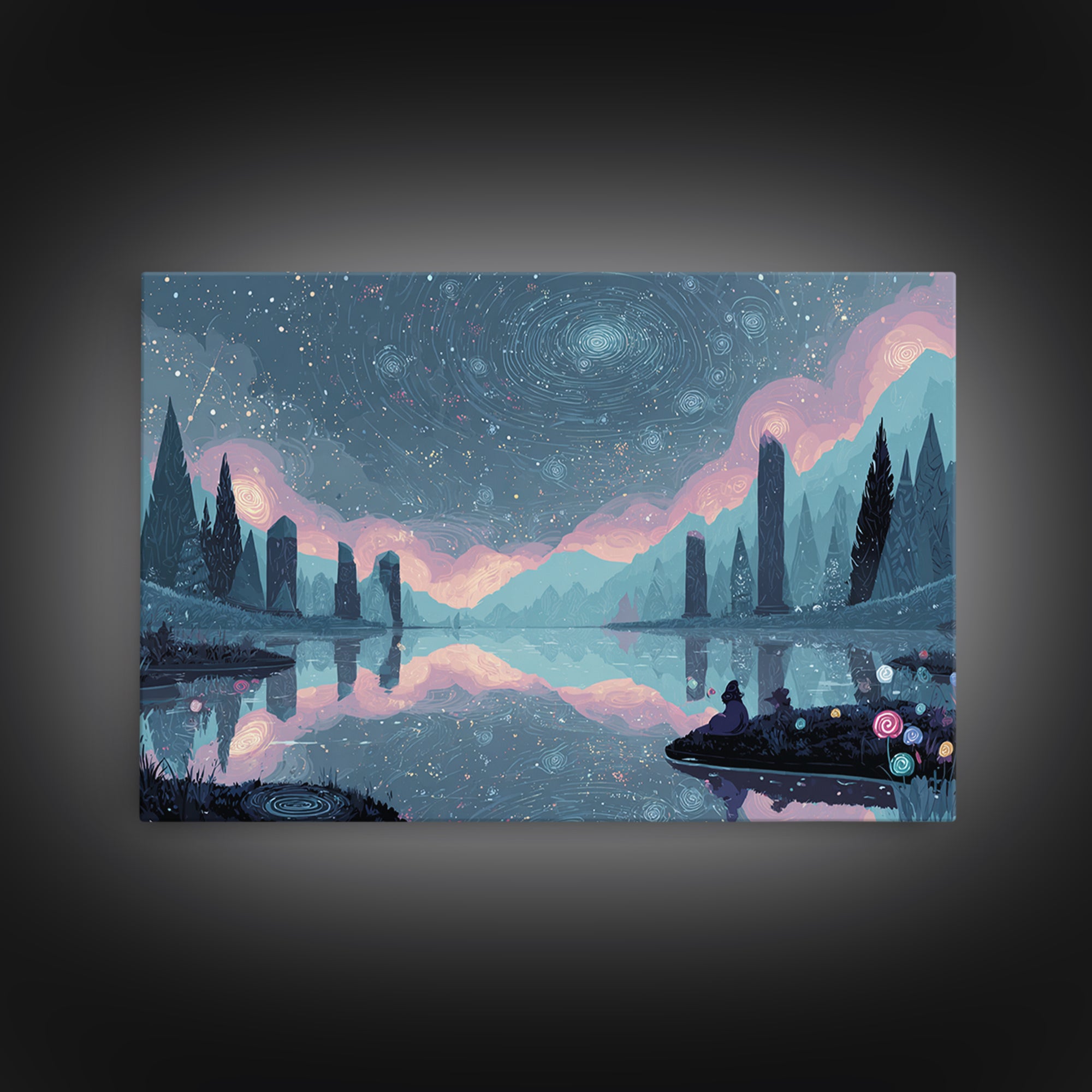 The Mirror Lake Of Lost Constellations, 80s Halloween Wall Art, Landscape Wall Art, Framed Canvas Print, Retro Halloween Decor