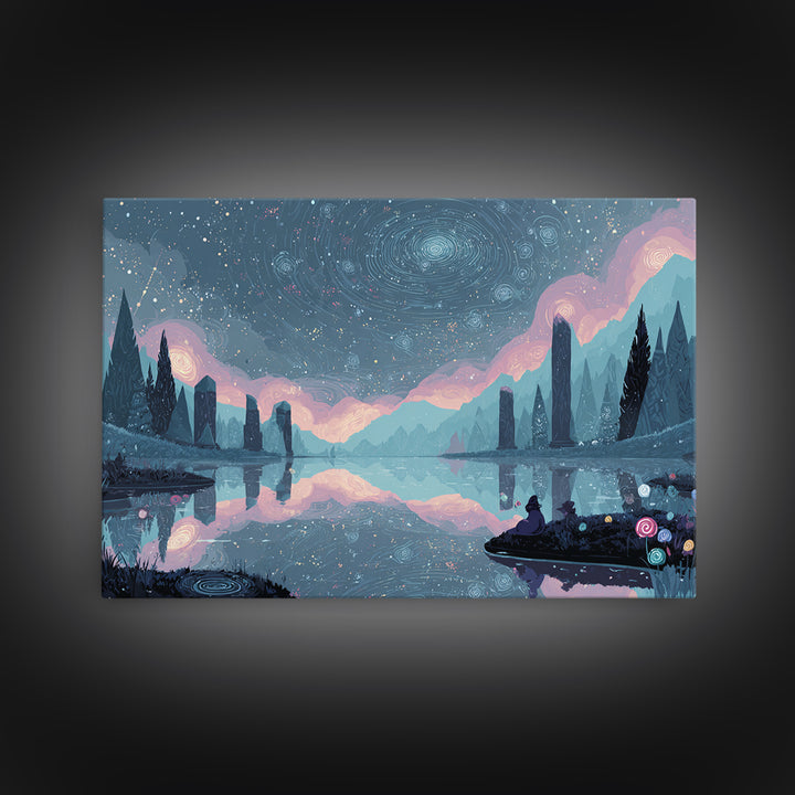 The Mirror Lake Of Lost Constellations, 80s Halloween Wall Art, Landscape Wall Art, Framed Canvas Print, Retro Halloween Decor