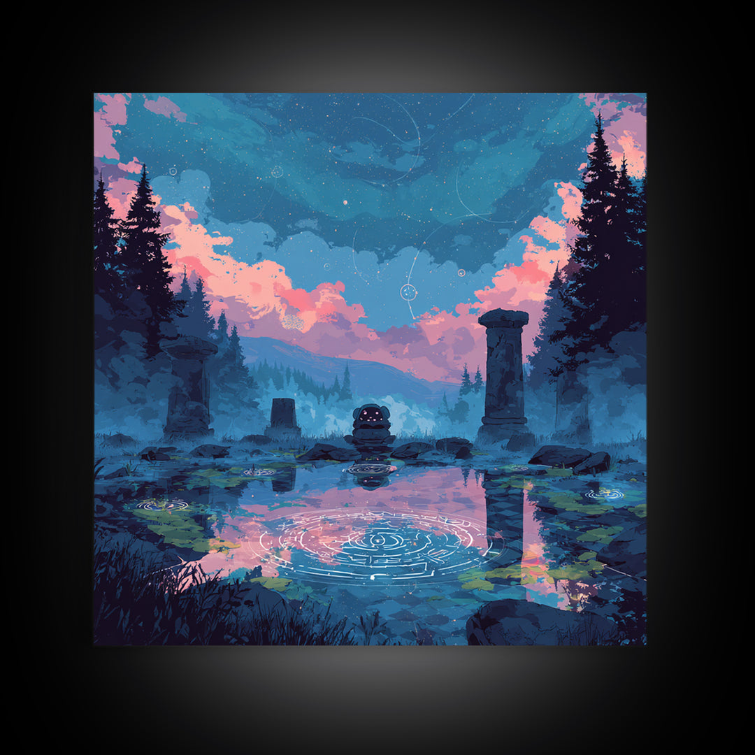 The Mirror Lake Of Lost Constellations, 80s Halloween Wall Art, Square Wall Art, Canvas Print, Retro Halloween Decor, Neon Wall Art