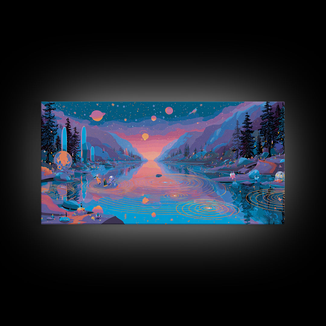 The Mirror Lake Of Lost Constellations, Synthwave Halloween Art, Wide Panoramic Art, Framed Canvas Print, Retro Halloween Decor