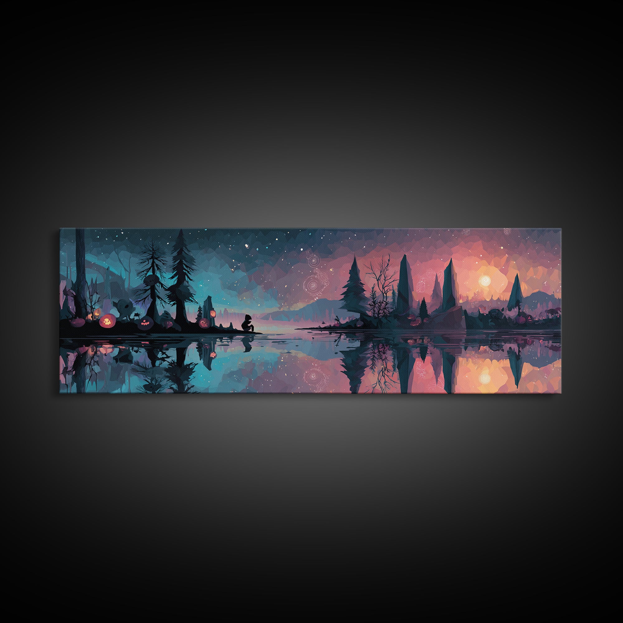 The Mirror Lake Of Lost Constellations, Cosmic Synthwave Horror, Extra Wide Wall Art, Framed Canvas Print, Retro Halloween Decor