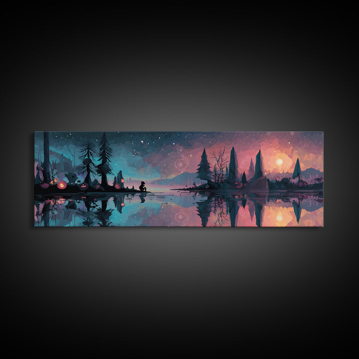 The Mirror Lake Of Lost Constellations, Cosmic Synthwave Horror, Extra Wide Wall Art, Framed Canvas Print, Retro Halloween Decor