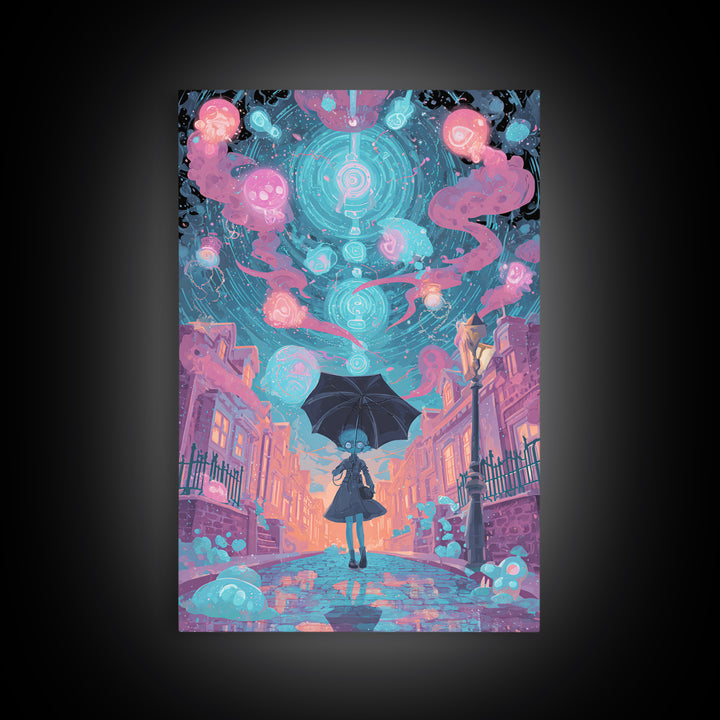 The Umbrella Of The Outer Rain, Retro Neon Halloween Art, Vertical Wall Art, Framed Canvas Print, Retro Halloween Decor, Neon Wall Art