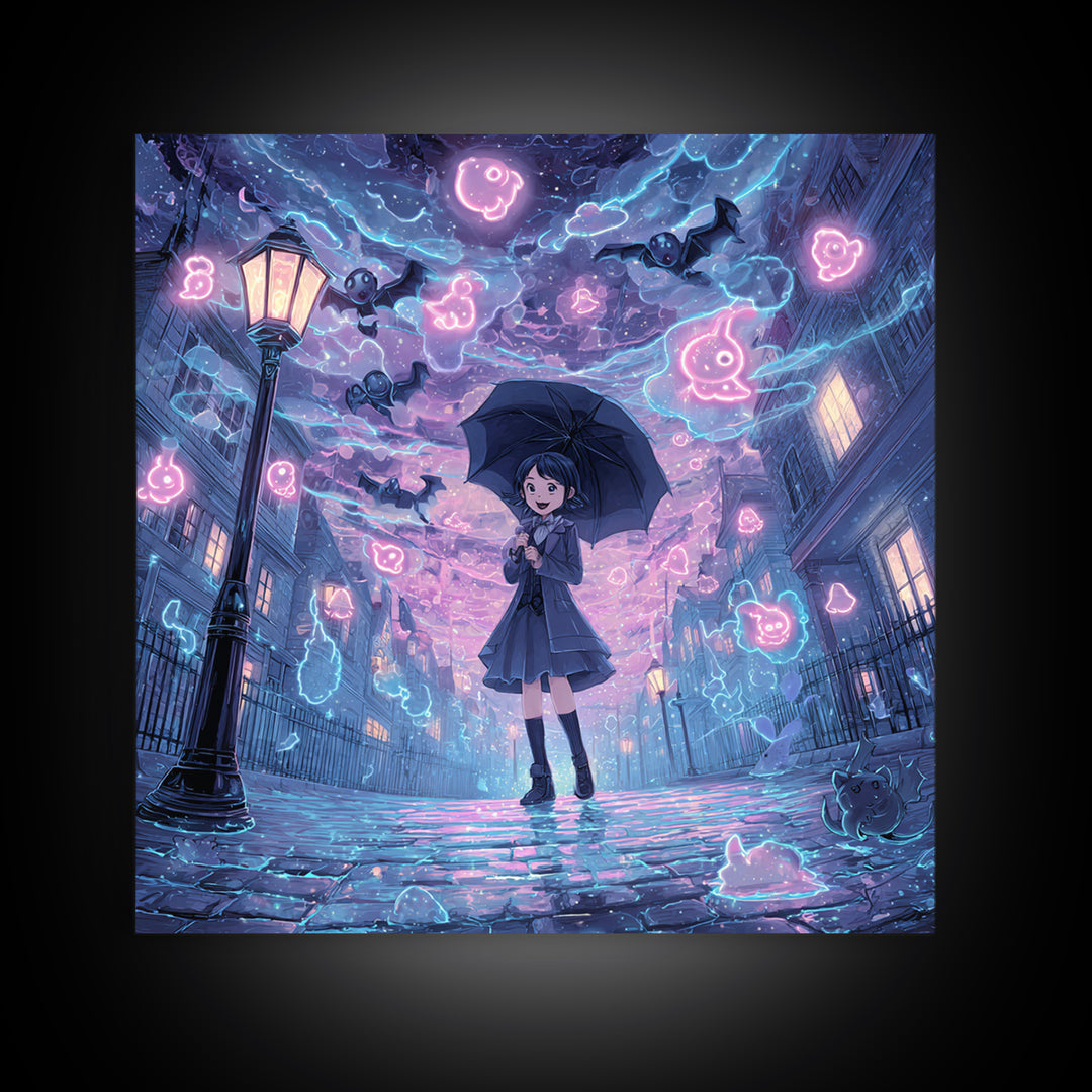 The Umbrella Of The Outer Rain, Cute Spooky Neon Art, Square Wall Art, Canvas Print, Retro Halloween Decor, Neon Wall Art