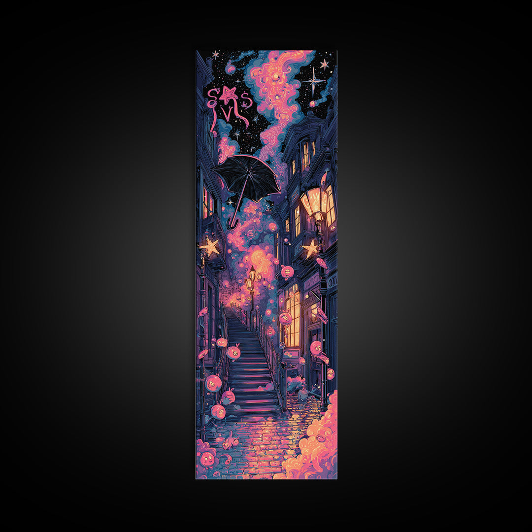 The Umbrella Of The Outer Rain, Cute Spooky Neon Art, Tall Narrow Wall Art, Canvas Print, Retro Halloween Decor, Neon Wall Art