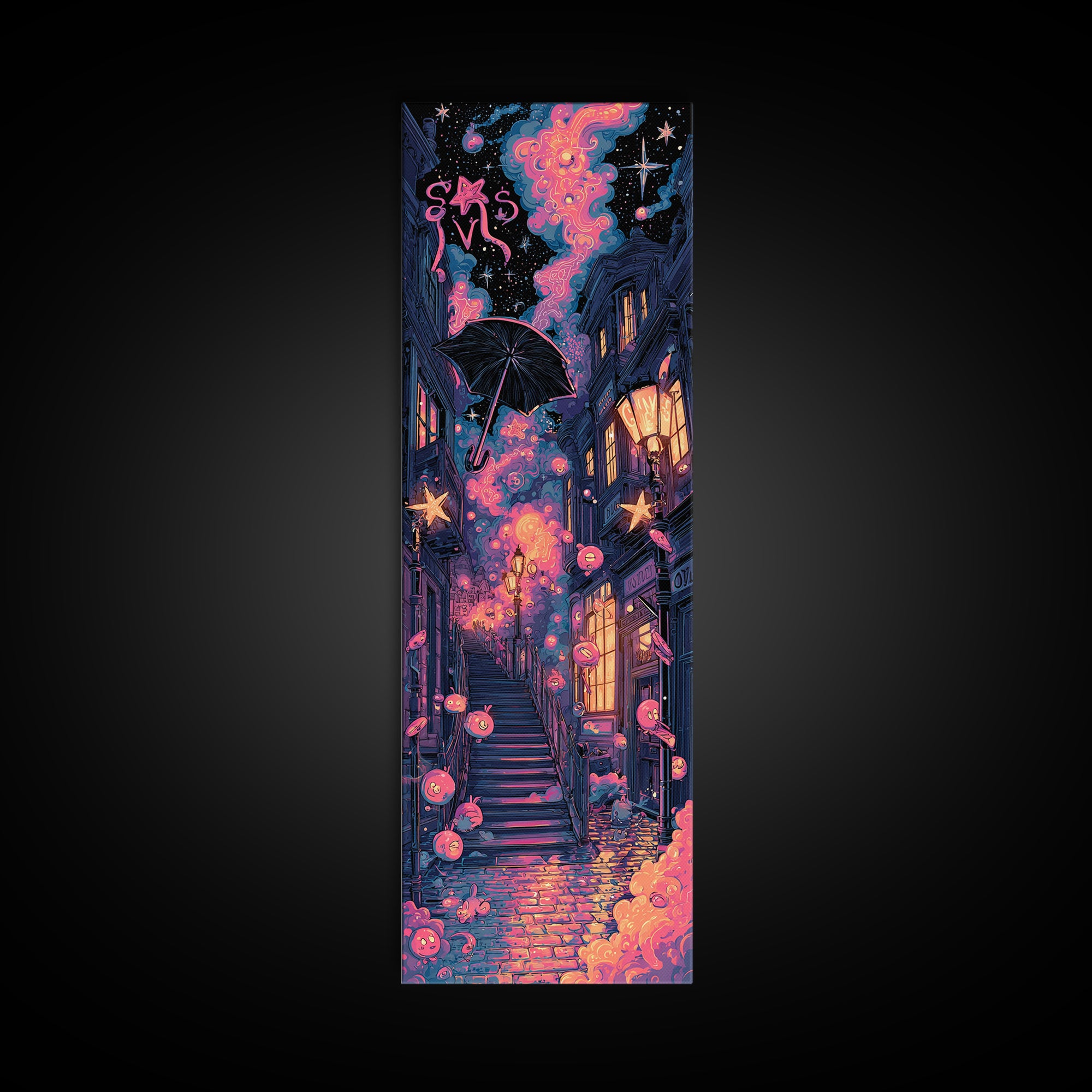 The Umbrella Of The Outer Rain, Cute Spooky Neon Art, Tall Narrow Wall Art, Canvas Print, Retro Halloween Decor, Neon Wall Art