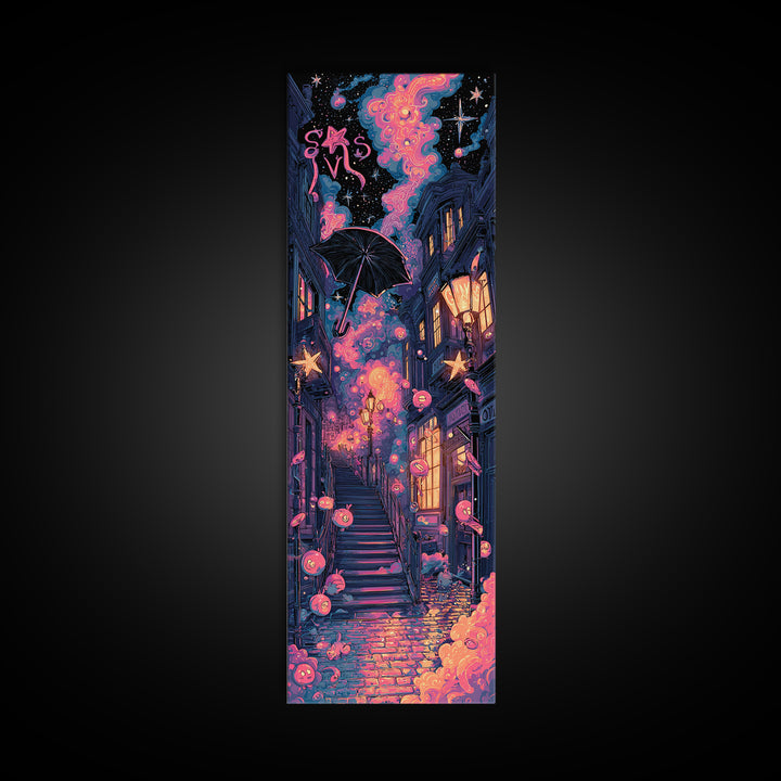 The Umbrella Of The Outer Rain, Cute Spooky Neon Art, Tall Narrow Wall Art, Canvas Print, Retro Halloween Decor, Neon Wall Art