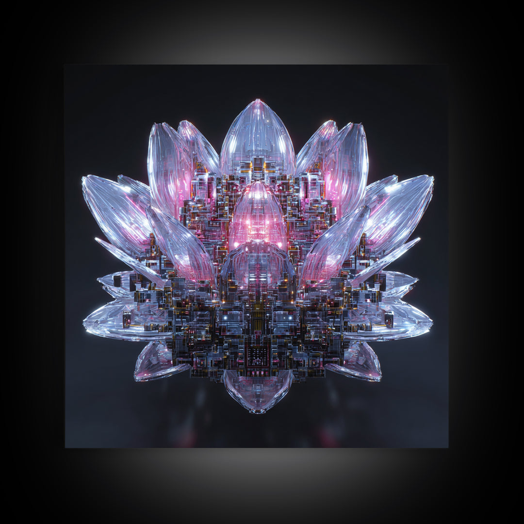 Electric Lotus Flower Canvas Print, Cyberpunk Art, Gallery Decor, Living Room Decor, Fine Art, Neon, Wall Art, Home Decor, CYB-1x1-17