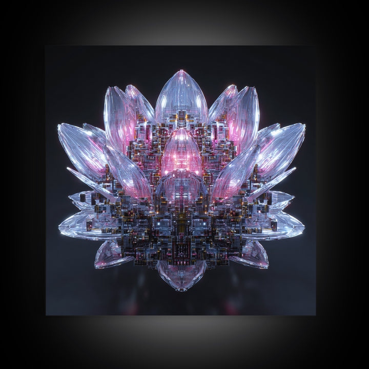 Electric Lotus Flower Canvas Print, Cyberpunk Art, Gallery Decor, Living Room Decor, Fine Art, Neon, Wall Art, Home Decor, CYB-1x1-17