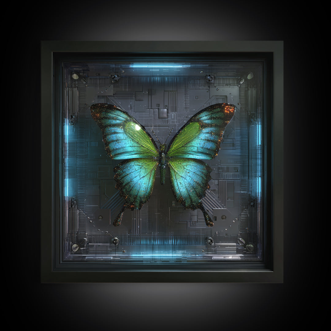 Holographic Butterfly over Black Metal Surface Canvas Print, Cyberpunk Art, Japanese Art, Living Room Decor, Fine Art, Neon, CYB-1x1-19
