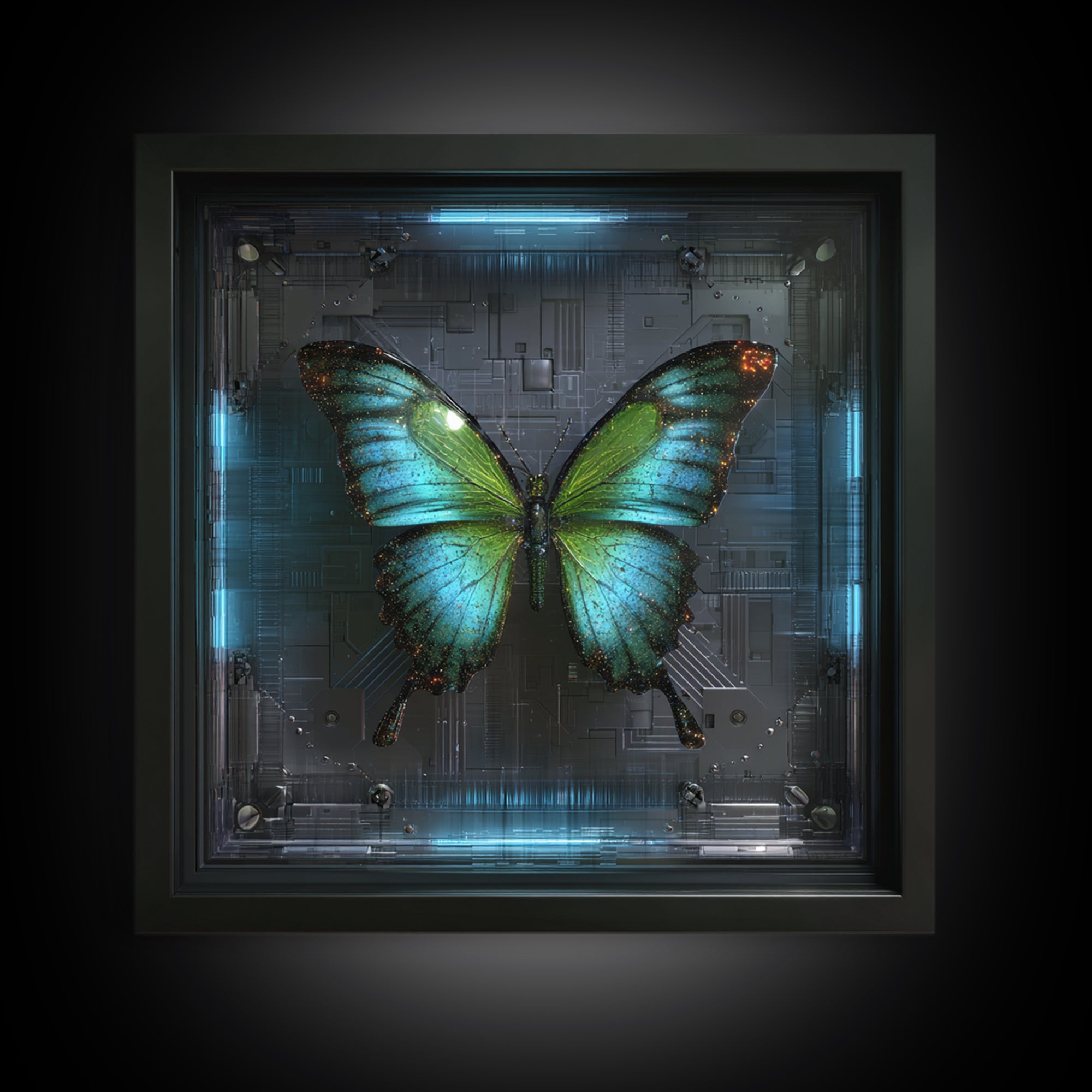 Holographic Butterfly over Black Metal Surface Canvas Print, Cyberpunk Art, Japanese Art, Living Room Decor, Fine Art, Neon, CYB-1x1-19