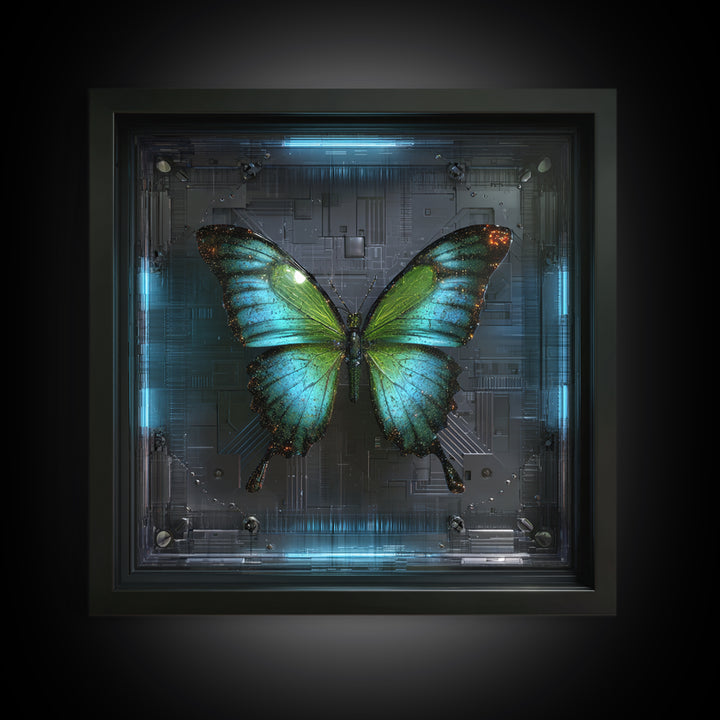 Holographic Butterfly over Black Metal Surface Canvas Print, Cyberpunk Art, Japanese Art, Living Room Decor, Fine Art, Neon, CYB-1x1-19