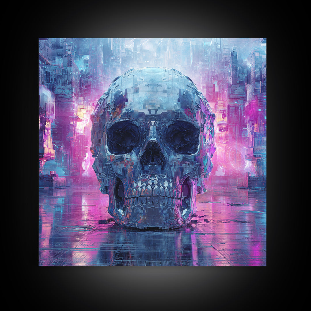 Cyberpunk Skull with Chrome and Violet Light Canvas Print, Cyberpunk Art, Art Print, Living Room Decor, Fine Art, Neon, CYB-1x1-20