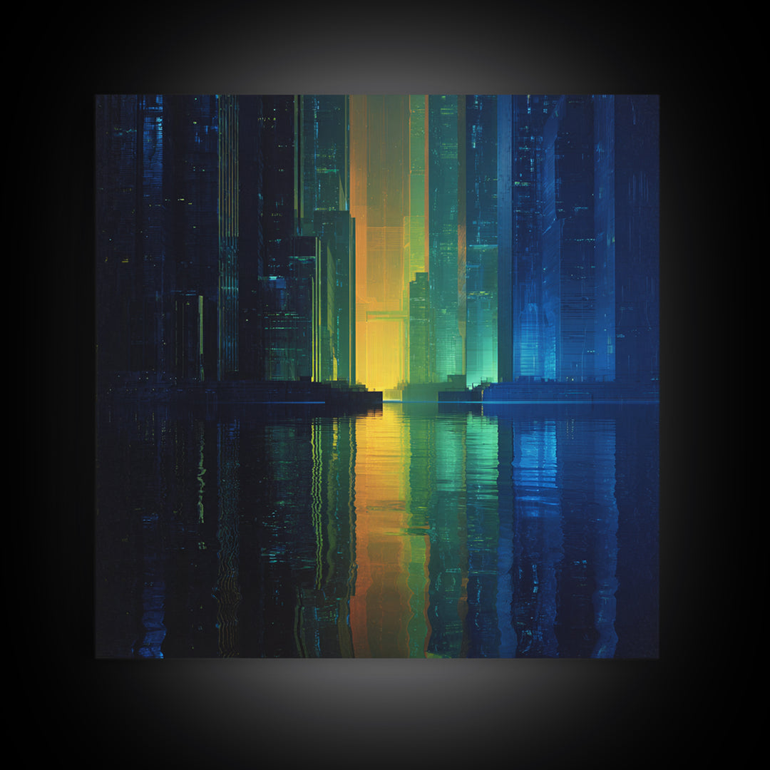 Neon Skyline Reflected Canvas Print, Cyberpunk Art, Man Cave Decor, Living Room Decor, Fine Art, Neon, Fine Art Print, CYB-1x1-22