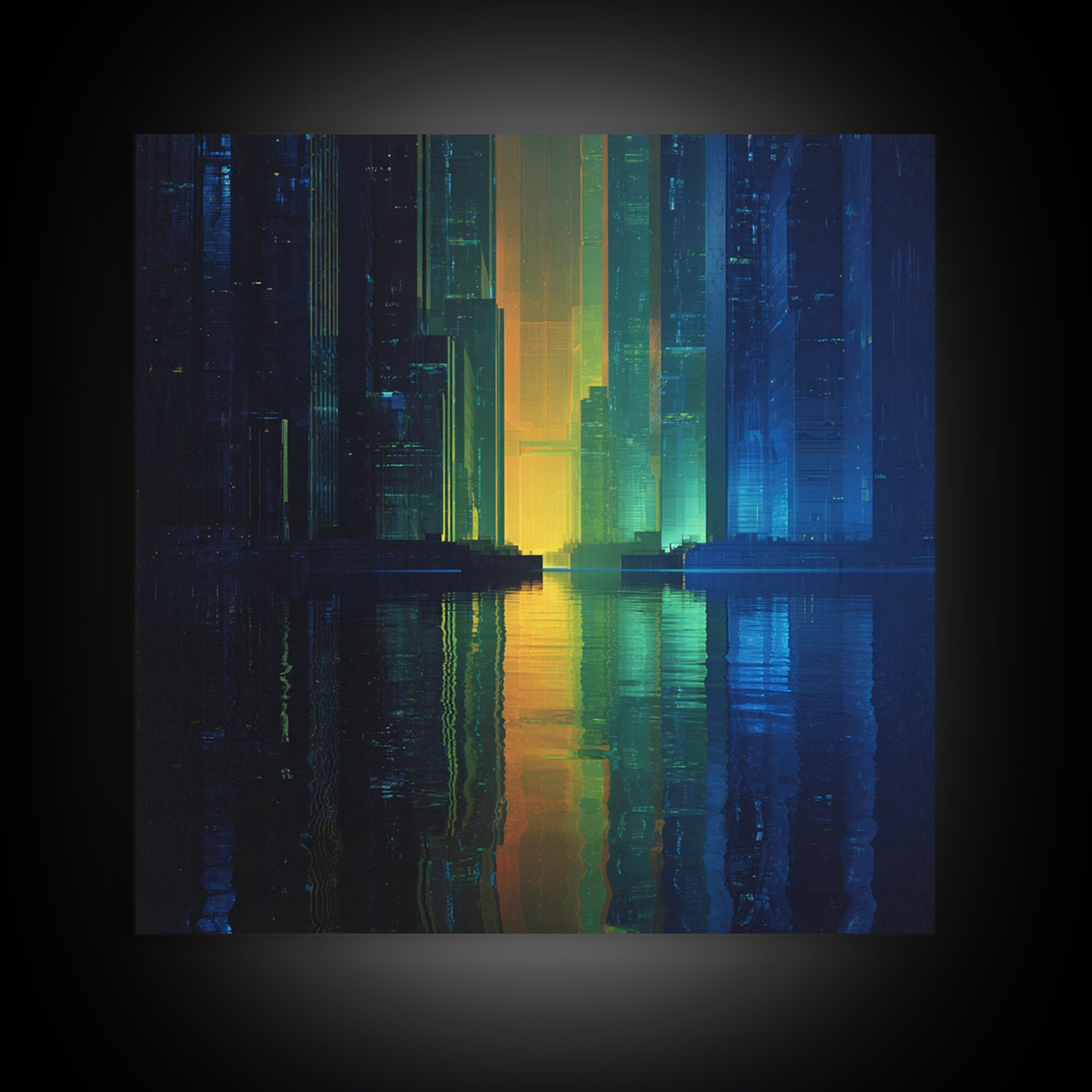 Neon Skyline Reflected Canvas Print, Cyberpunk Art, Man Cave Decor, Living Room Decor, Fine Art, Neon, Fine Art Print, CYB-1x1-22