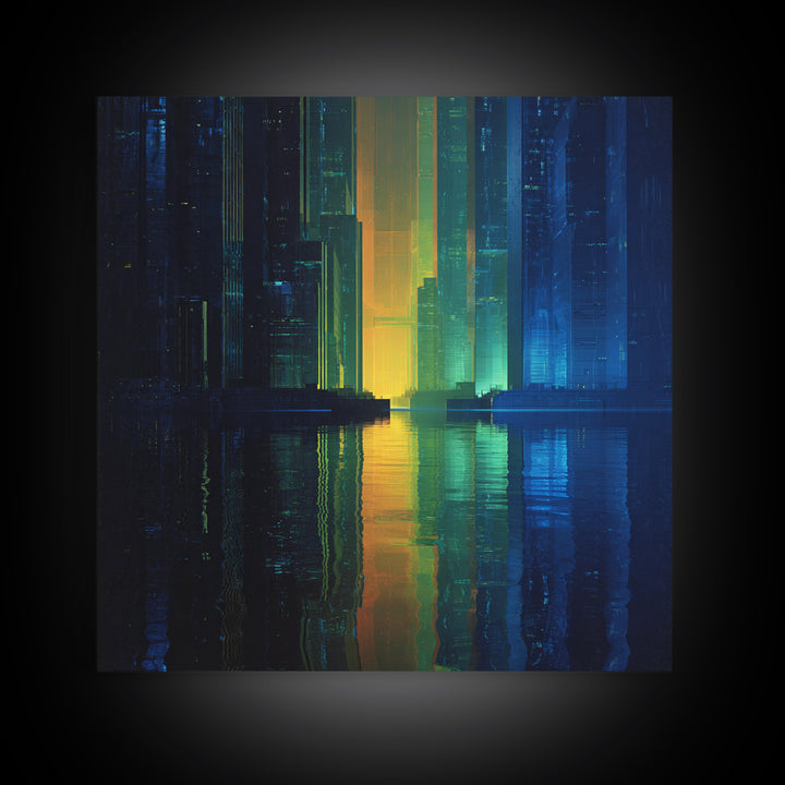Neon Skyline Reflected Canvas Print, Cyberpunk Art, Man Cave Decor, Living Room Decor, Fine Art, Neon, Fine Art Print, CYB-1x1-22