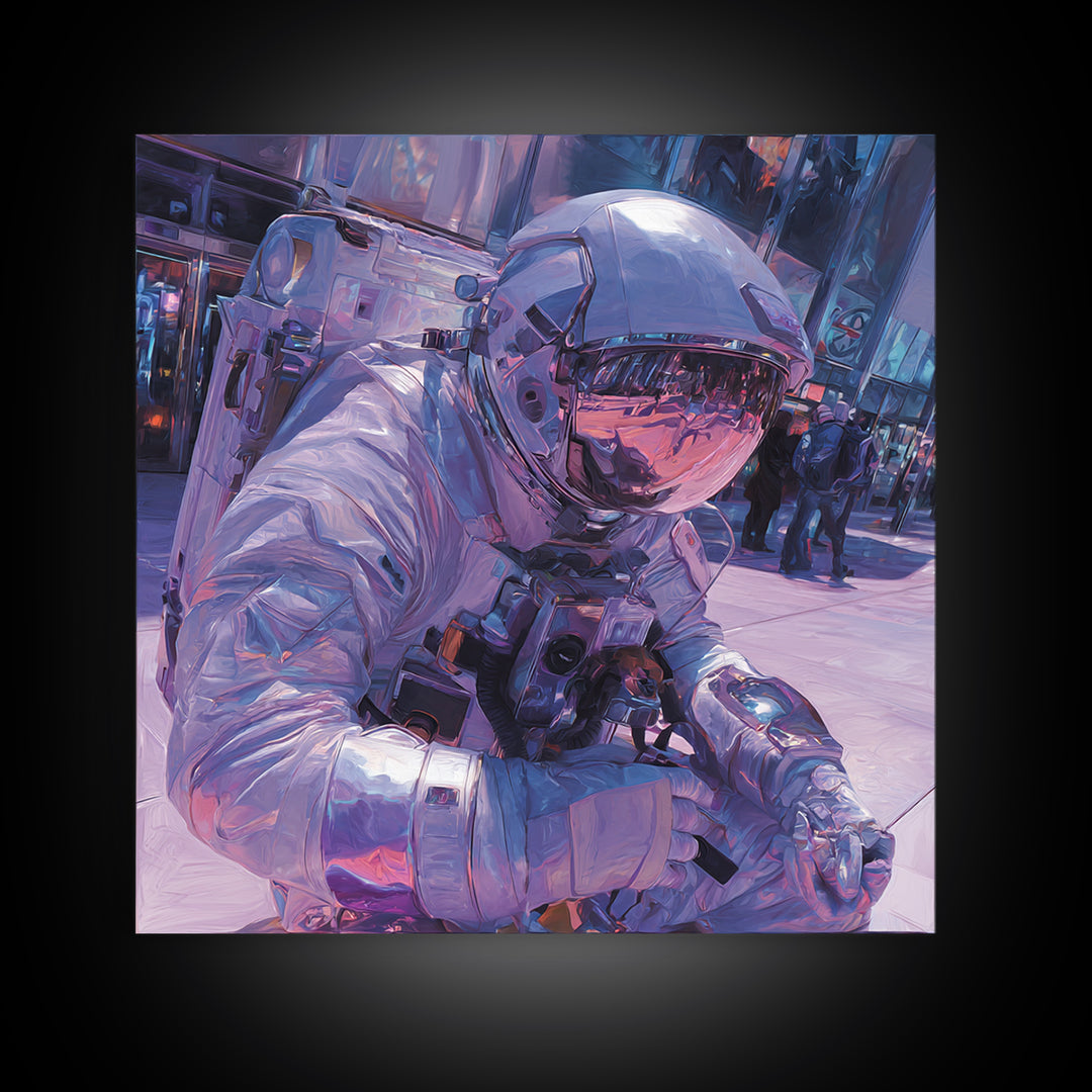Astronaut Street Wanderer Canvas Print, Cyberpunk Art, Movie Posters, Living Room Decor, Fine Art, Neon, Cyberpunk Jacket, CYB-1x1-23