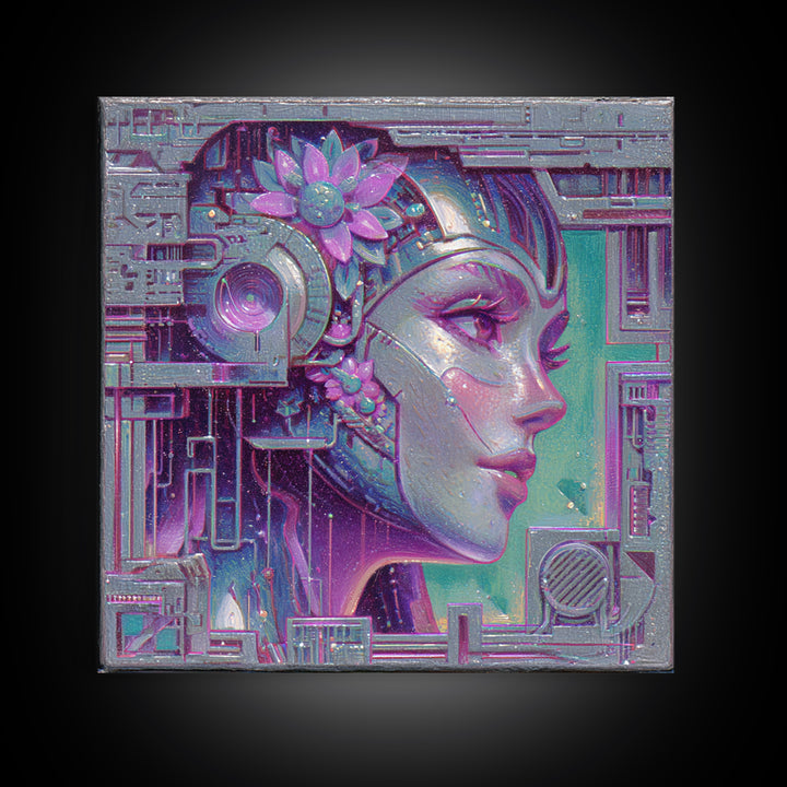 Android Woman with Glowing Circuitry and Flowers Canvas Print, Cyberpunk Art, Blue Wall Art, Living Room Decor, Neon, CYB-1x1-27