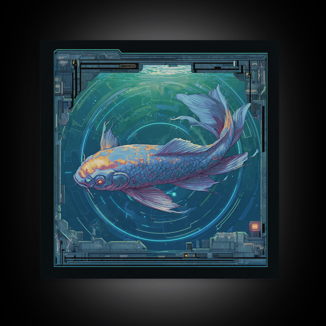 Cyberpunk Koi Swimming Through Electric Blue Water Canvas Print, Cyberpunk Art, Textured Painting, Living Room Decor, Neon, CYB-1x1-29