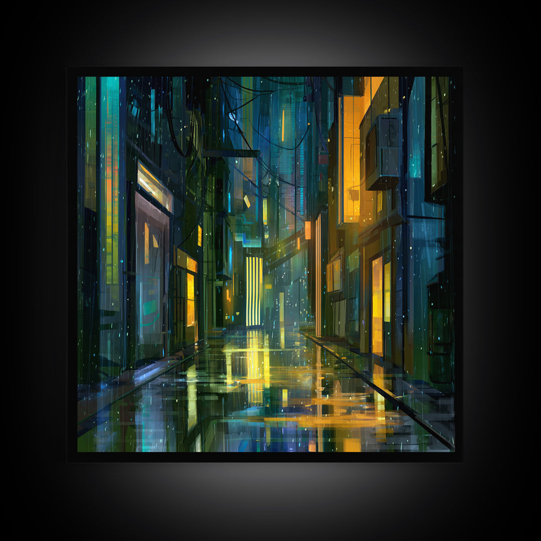 Rain Soaked Alley Framed Canvas Print, Cyberpunk Art, Gallery Decor, Living Room Decor, Fine Art, Neon, Wall Art, Home Decor, CYB-1x1-32
