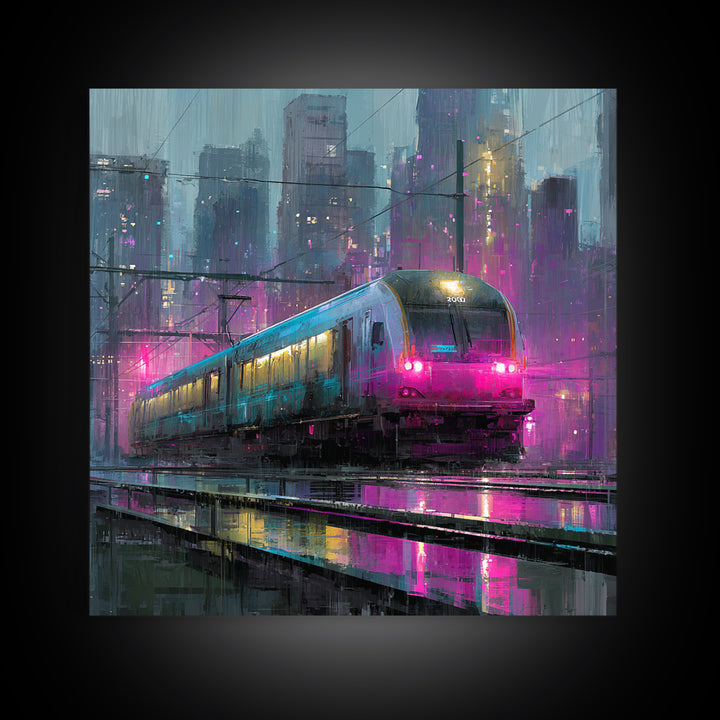 City Train Rushing Through Pink Electric Haze Framed Canvas Print, Cyberpunk Art, Boho Decor, Living Room Decor, Oil Painting, CYB-1x1-37