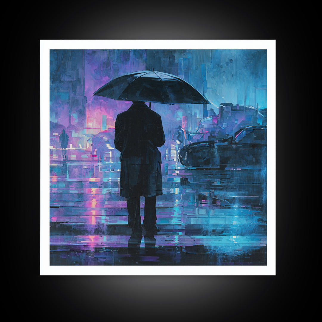 Glowing Umbrella Figure Framed Canvas Print, Cyberpunk Art, Cyberpunk Decor, Living Room Decor, Fine Art, Neon, Modern Decor, CYB-1x1-39