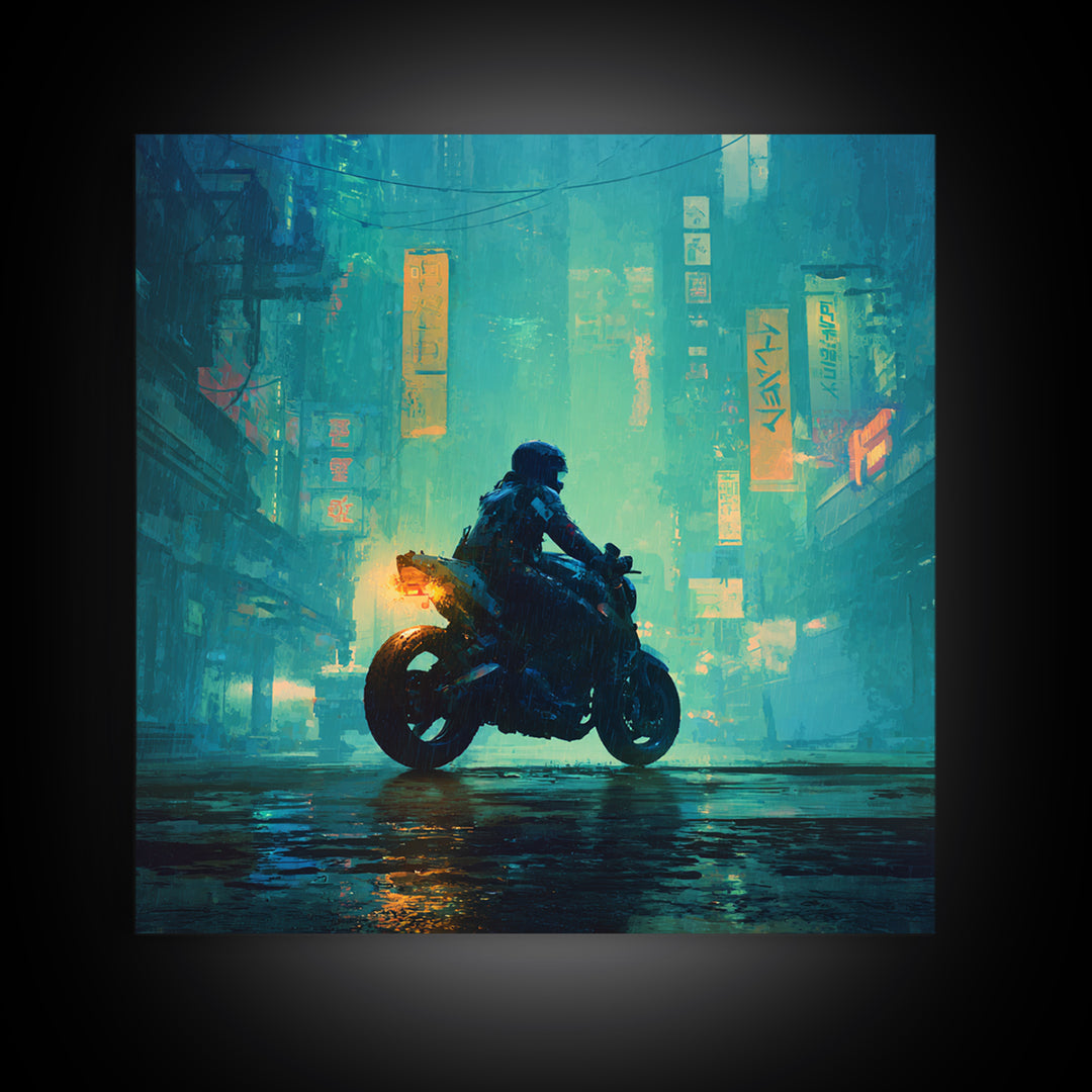 Motorcycle Rider under Holographic Signs Canvas Print, Cyberpunk Art, Home Decor, Living Room Decor, Neon, Japanese Wall Art, CYB-1x1-4