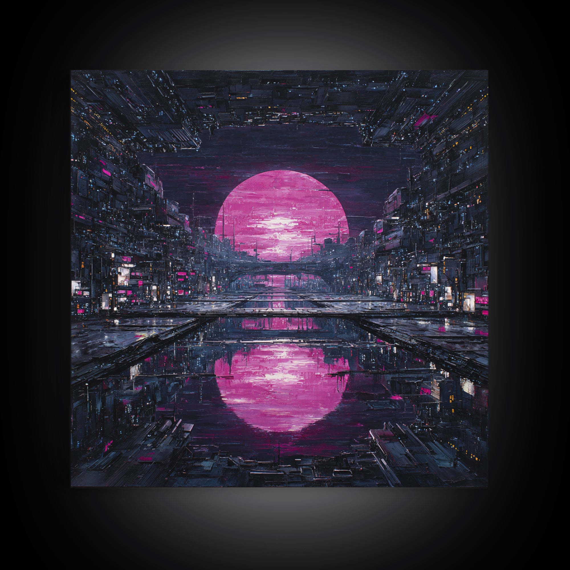 Dystopian Moon over Dense Rooftops Framed Canvas Print, Cyberpunk Art, Cyberpunk Helmet, Living Room Decor, Abstract Art, Neon, CYB-1x1-42