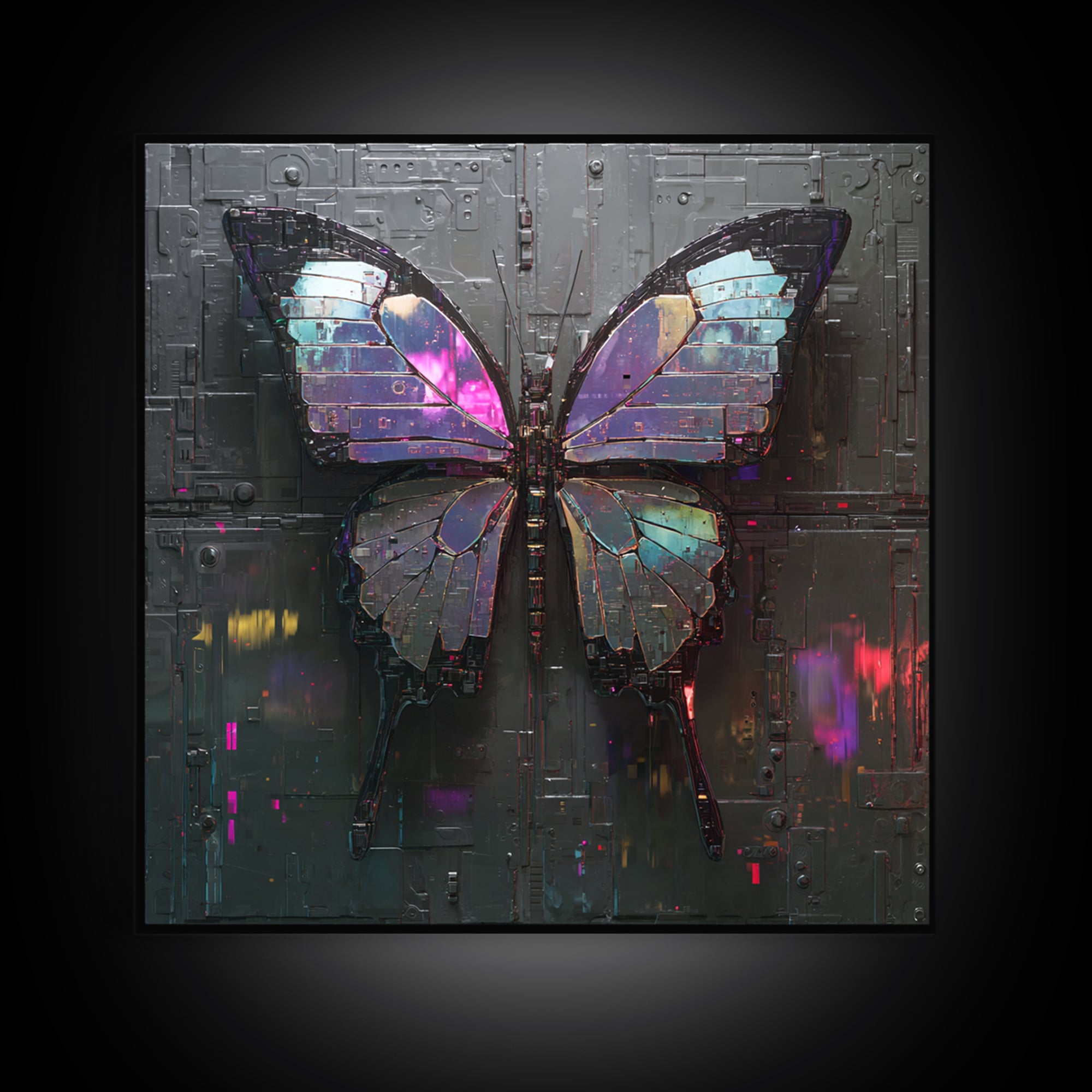 Holographic Butterfly over Black Metal Surface Framed Canvas Print, Cyberpunk Art, Man Cave Decor, Living Room Decor, Neon, CYB-1x1-43