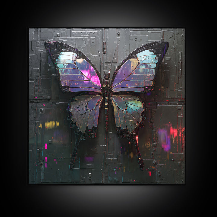 Holographic Butterfly over Black Metal Surface Framed Canvas Print, Cyberpunk Art, Man Cave Decor, Living Room Decor, Neon, CYB-1x1-43