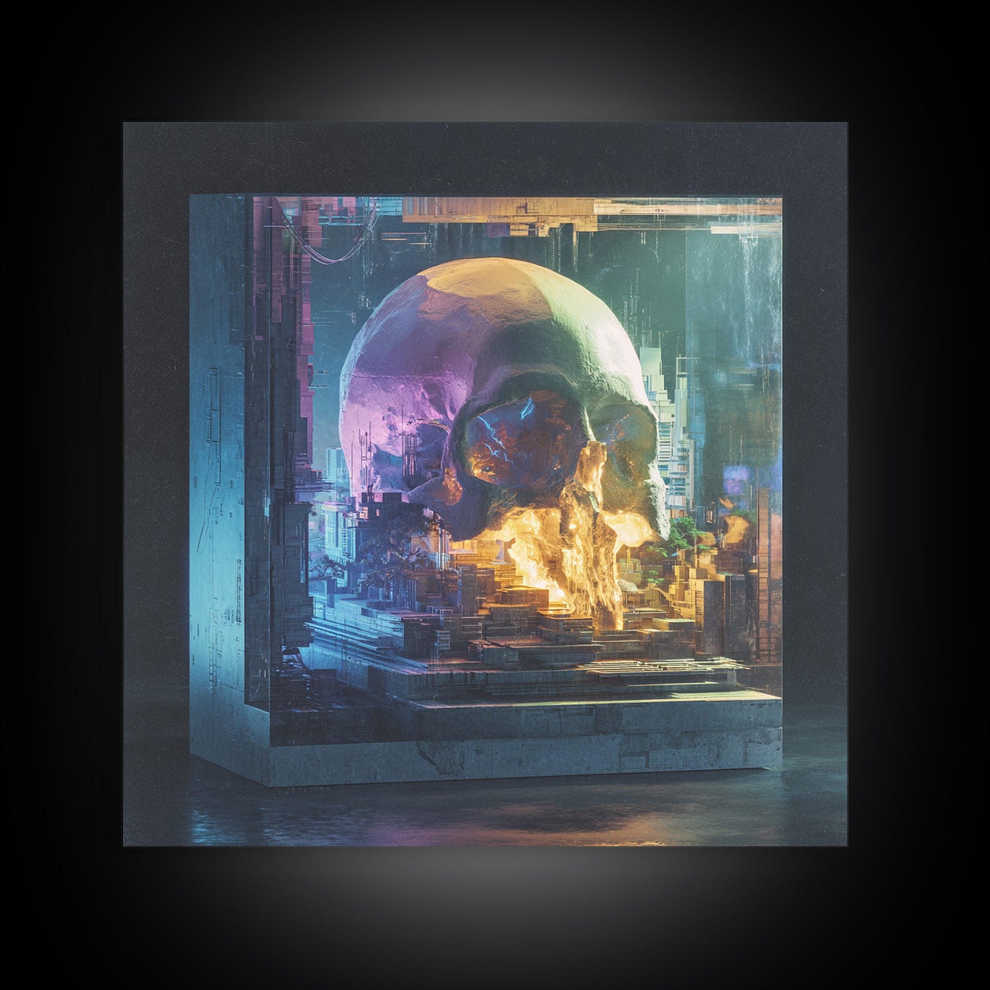 Cyberpunk Skull with Chrome and Violet Light Framed Canvas Print, Cyberpunk Art, Movie Posters, Living Room Decor, Neon, CYB-1x1-44