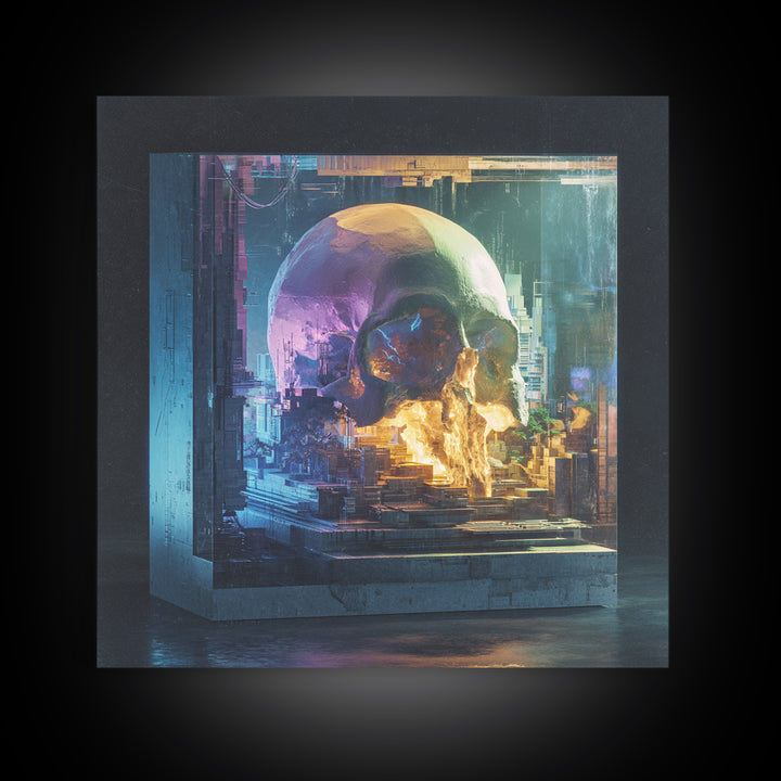 Cyberpunk Skull with Chrome and Violet Light Framed Canvas Print, Cyberpunk Art, Movie Posters, Living Room Decor, Neon, CYB-1x1-44