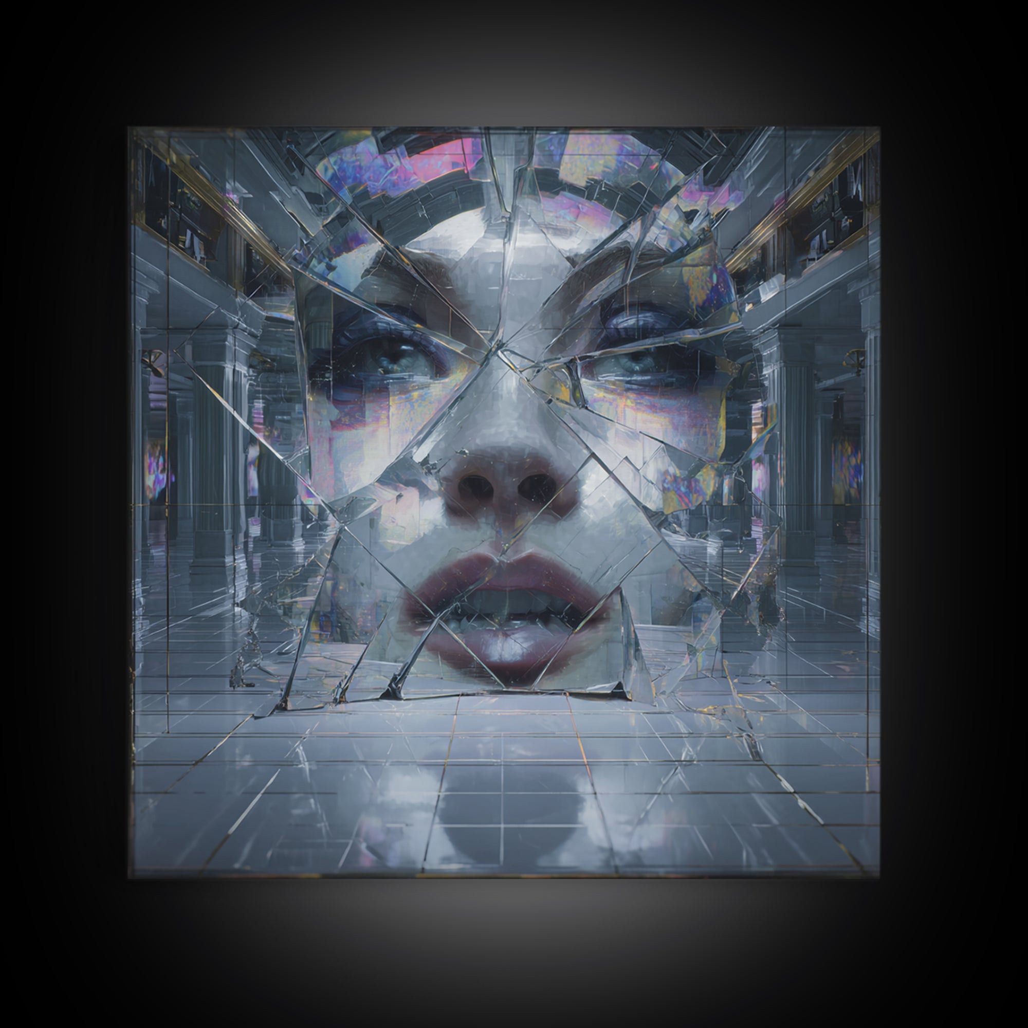 Ai Mask Portrait Framed Canvas Print, Cyberpunk Art, Wall Decor, Living Room Decor, Fine Art, Neon, Japanese Art, Modern Art, CYB-1x1-48