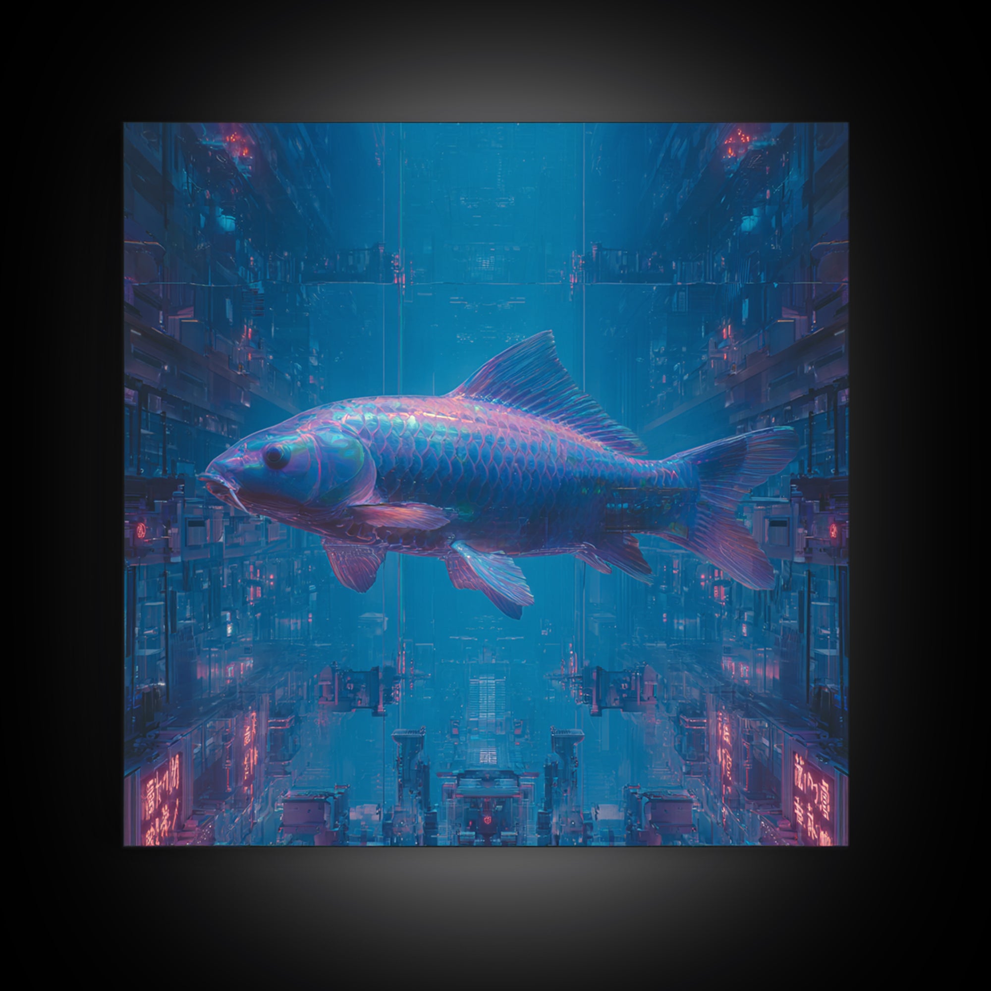 Cyberpunk Koi Swimming Through Electric Blue Water Canvas Print, Cyberpunk Art, Fine Art Print, Living Room Decor, Neon, CYB-1x1-5