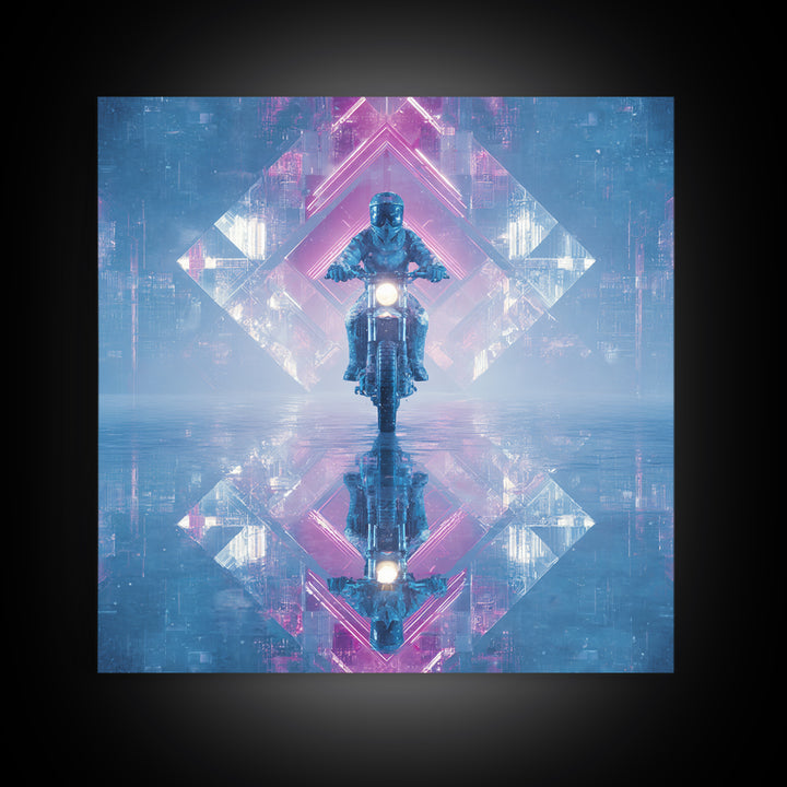 Motorcycle Rider under Holographic Signs Framed Canvas Print, Cyberpunk Art, Cool Wall Art, Living Room Decor, Fine Art, Neon, CYB-1x1-52