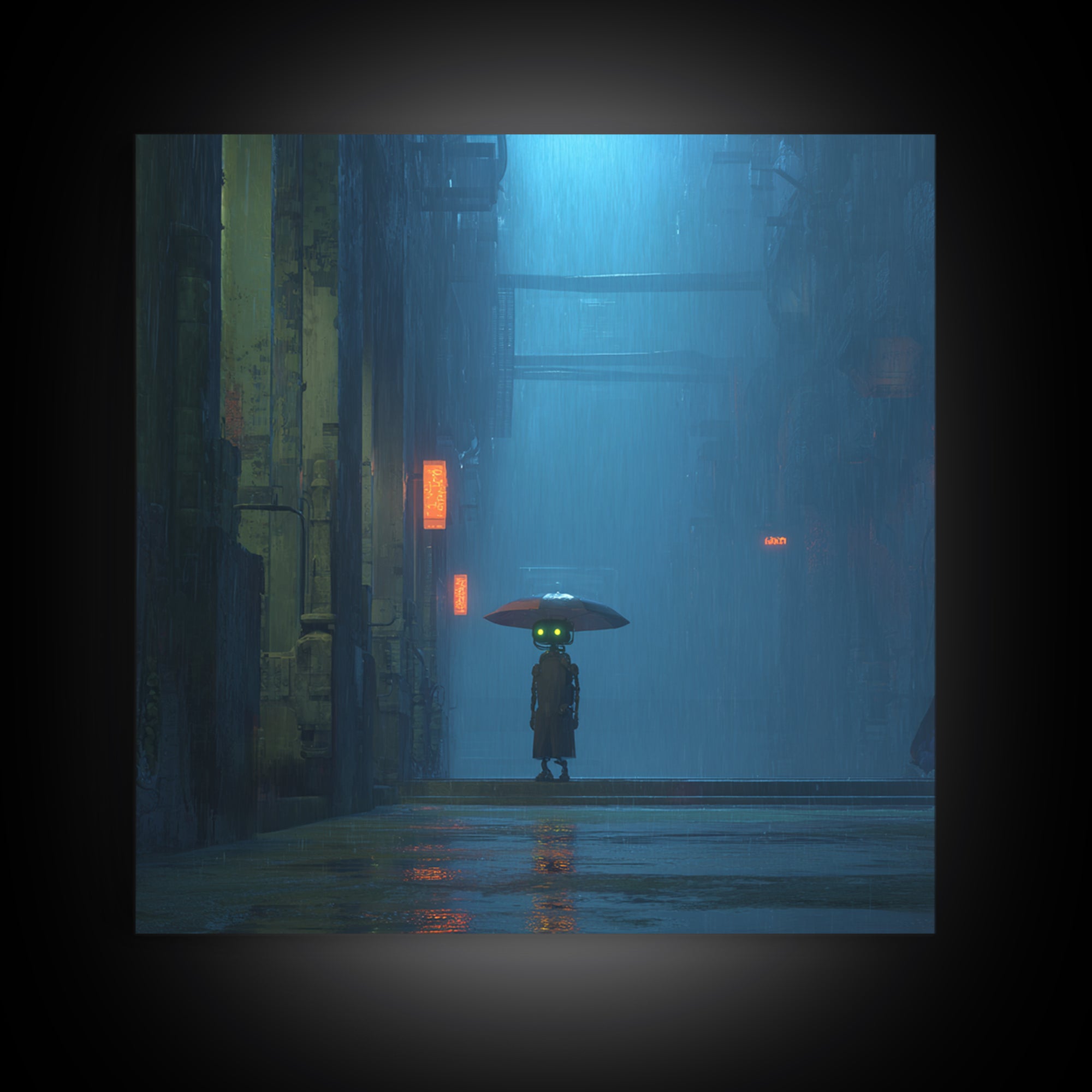 Glowing Umbrella Figure Framed Canvas Print, Cyberpunk Art, Neutral Decor, Living Room Decor, Fine Art, Neon, Home Decor, CYB-1x1-63