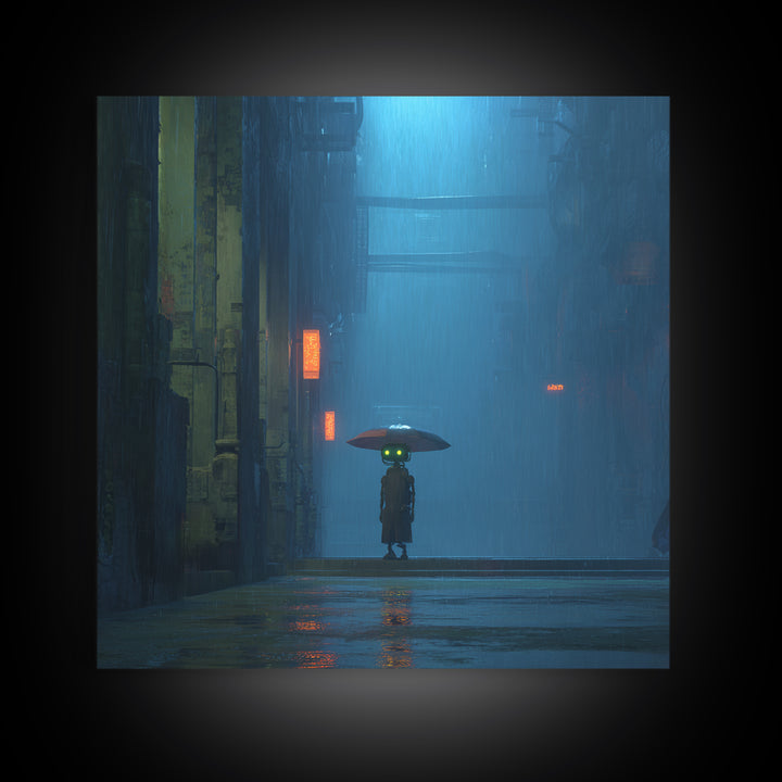 Glowing Umbrella Figure Framed Canvas Print, Cyberpunk Art, Neutral Decor, Living Room Decor, Fine Art, Neon, Home Decor, CYB-1x1-63