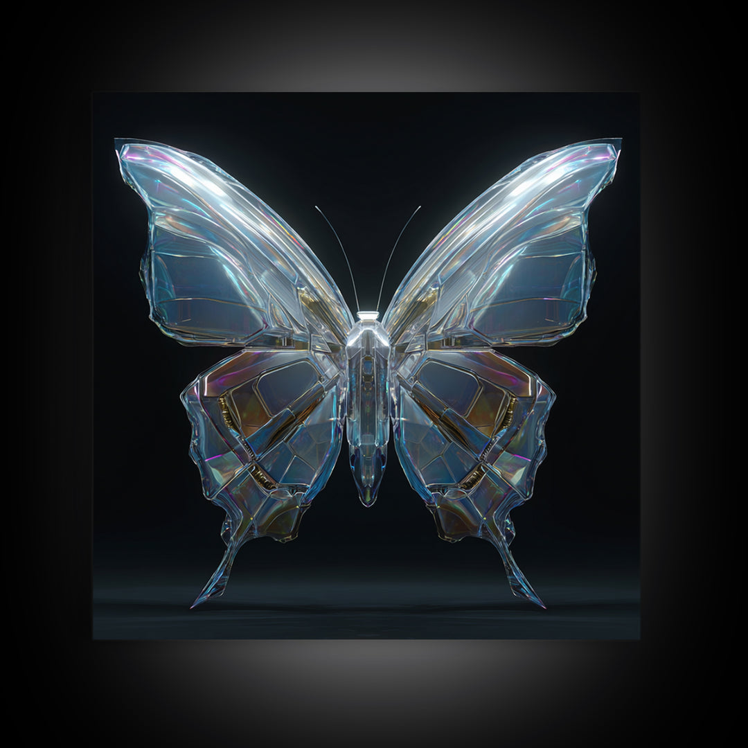 Holographic Butterfly over Black Metal Surface Framed Canvas Print, Cyberpunk Art, Modern Decor, Living Room Decor, Neon, CYB-1x1-67