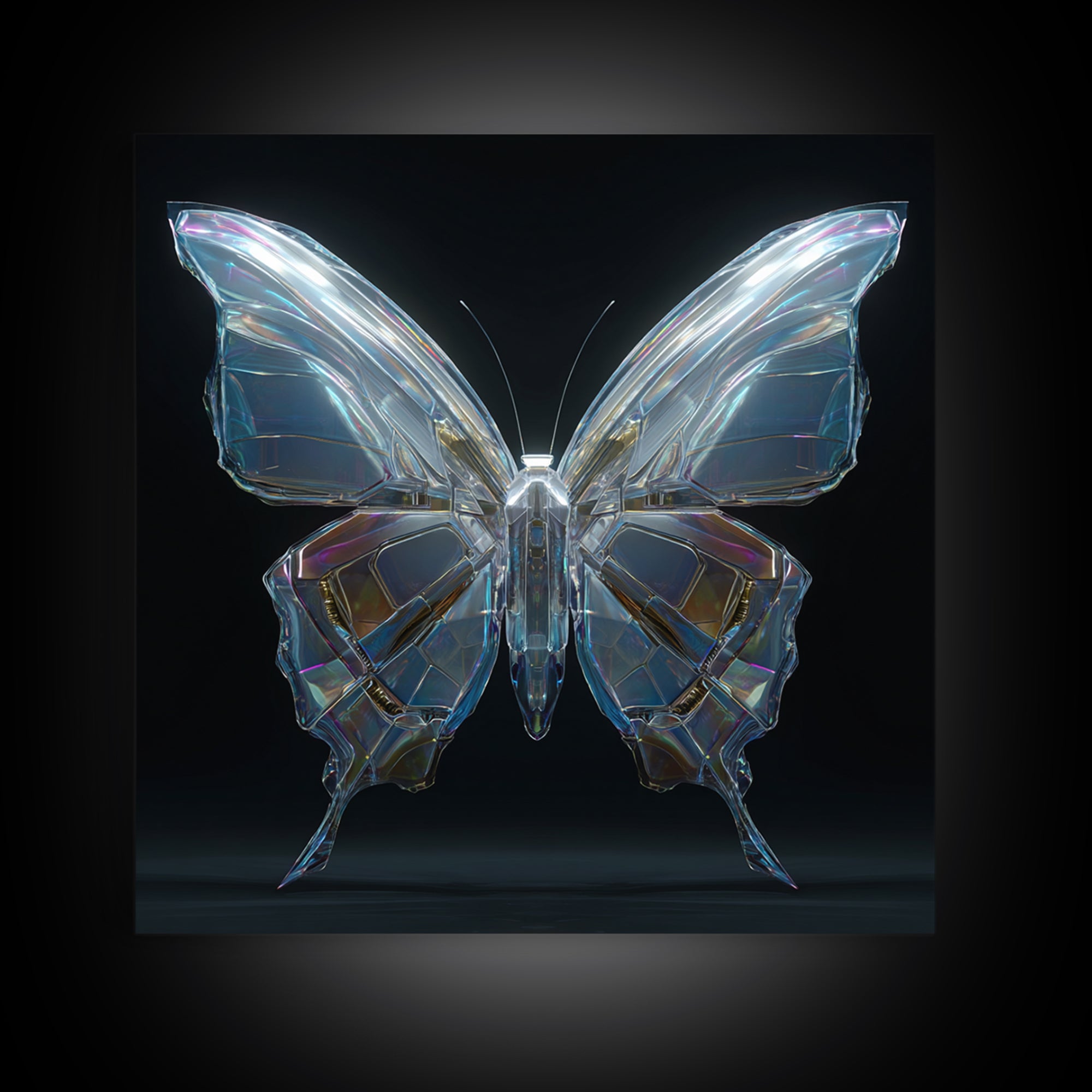 Holographic Butterfly over Black Metal Surface Framed Canvas Print, Cyberpunk Art, Modern Decor, Living Room Decor, Neon, CYB-1x1-67