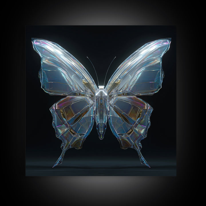 Holographic Butterfly over Black Metal Surface Framed Canvas Print, Cyberpunk Art, Modern Decor, Living Room Decor, Neon, CYB-1x1-67