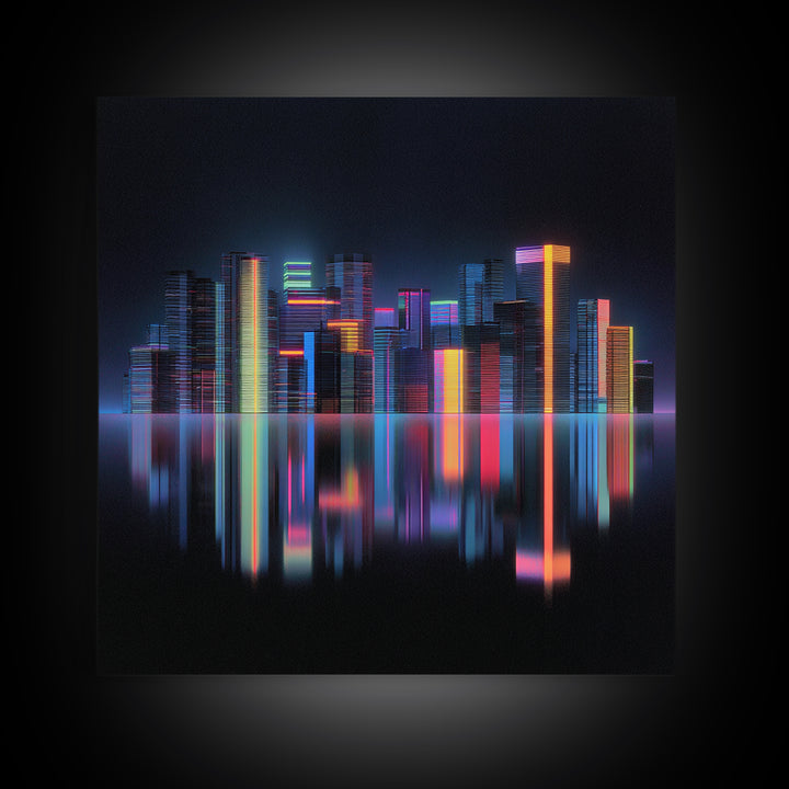 Neon Skyline Reflected Framed Canvas Print, Cyberpunk Art, Minimalist Poster, Living Room Decor, Fine Art, Neon, CYB-1x1-70