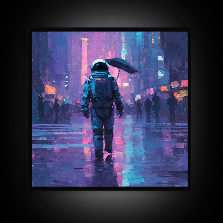 Astronaut Street Wanderer Framed Canvas Print, Cyberpunk Art, Cyberpunk Tarot, Living Room Decor, Fine Art, Neon, CYB-1x1-71