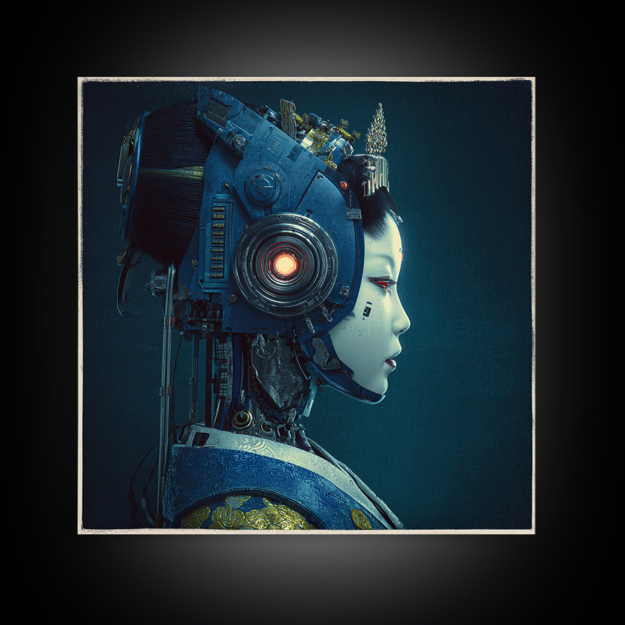 Robot Geisha Portrait Framed Canvas Print, Cyberpunk Art, Boho Decor, Living Room Decor, Fine Art, Neon, Art Print, Digital Art, CYB-1x1-79