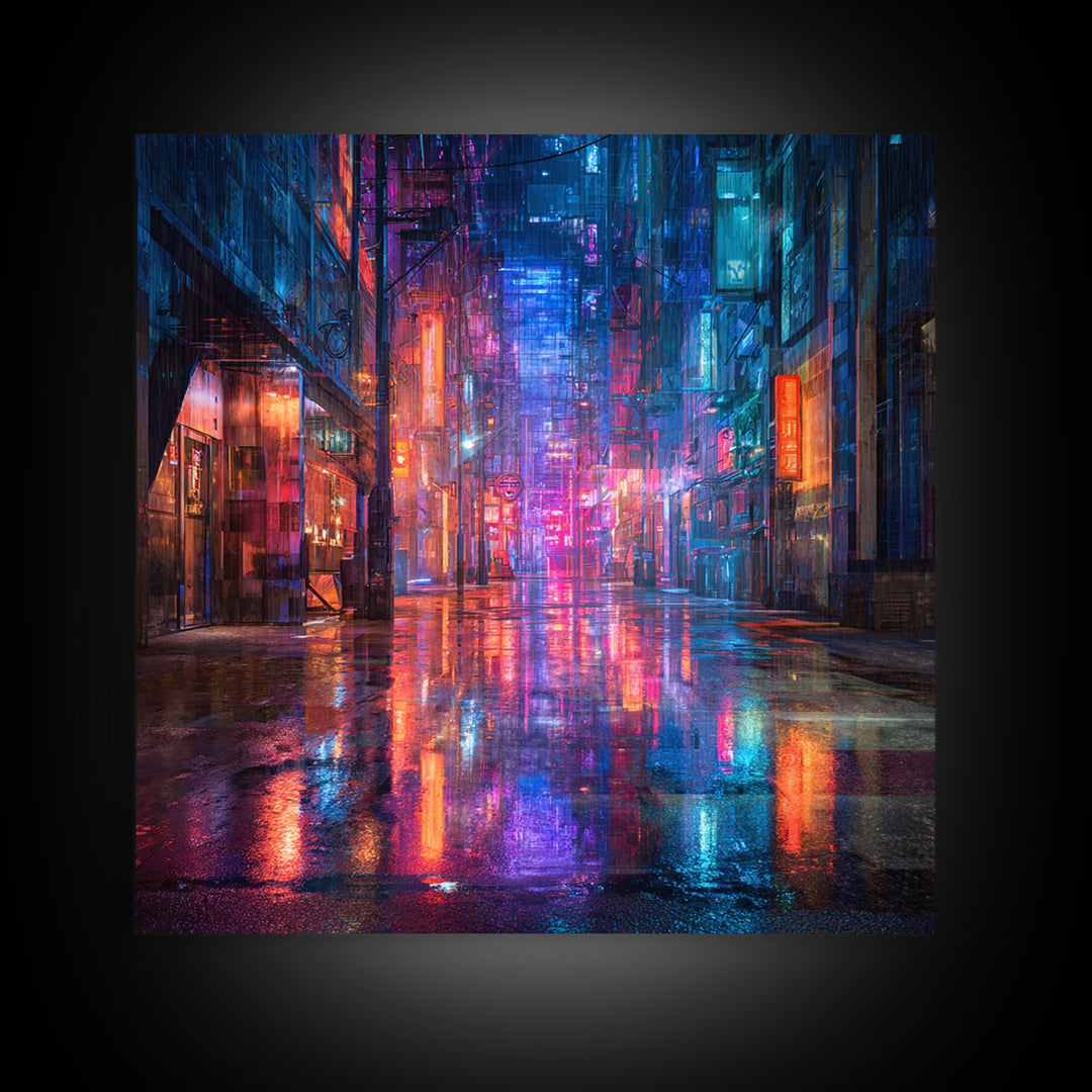 Rain Soaked Alley Framed Canvas Print, Cyberpunk Art, Cyberpunk 2077, Living Room Decor, Fine Art, Neon, Cyberpunk Decor, CYB-1x1-8