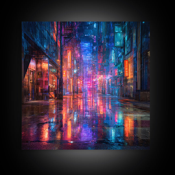 Rain Soaked Alley Framed Canvas Print, Cyberpunk Art, Cyberpunk 2077, Living Room Decor, Fine Art, Neon, Cyberpunk Decor, CYB-1x1-8