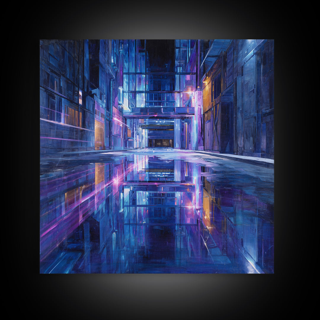 Rain Soaked Alley Framed Canvas Print, Cyberpunk Art, Fine Art Print, Living Room Decor, Abstract Art, Neon, Wall Decor, CYB-1x1-80