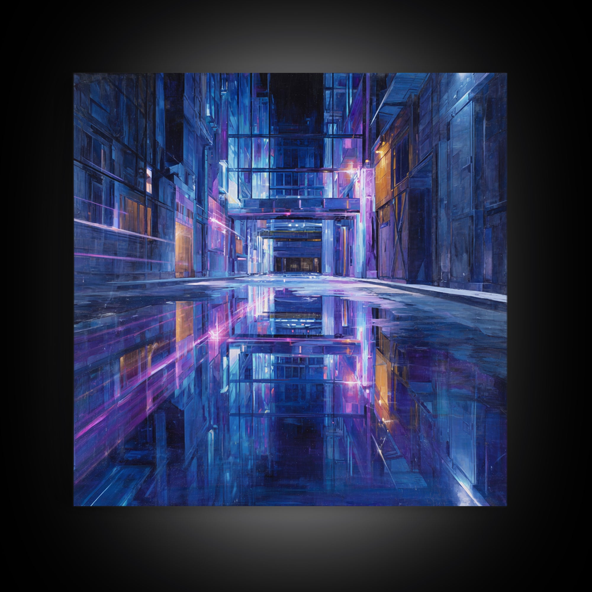 Rain Soaked Alley Framed Canvas Print, Cyberpunk Art, Fine Art Print, Living Room Decor, Abstract Art, Neon, Wall Decor, CYB-1x1-80