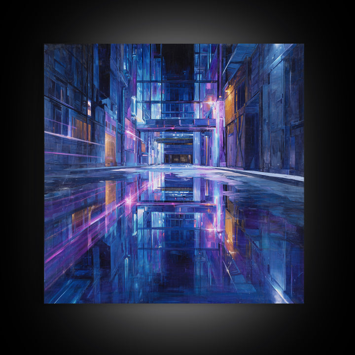 Rain Soaked Alley Framed Canvas Print, Cyberpunk Art, Fine Art Print, Living Room Decor, Abstract Art, Neon, Wall Decor, CYB-1x1-80